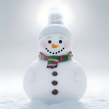 Snowman in a white hat and scarf on a white background. 3d renderの素材