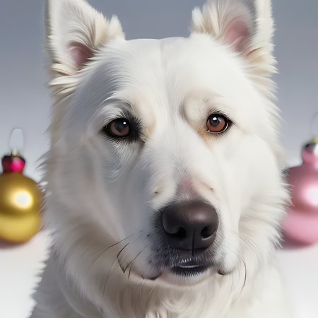 White Swiss Shepherd dog with christmas baubles on grey backgroundの素材