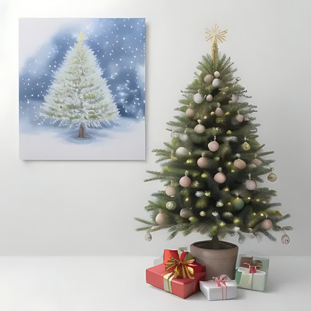 Christmas tree with gifts on a white background. 3d render.の素材