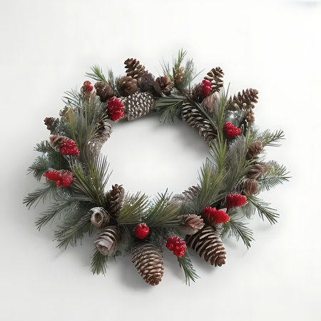 Christmas wreath with pine cones and berries on a white background.の素材