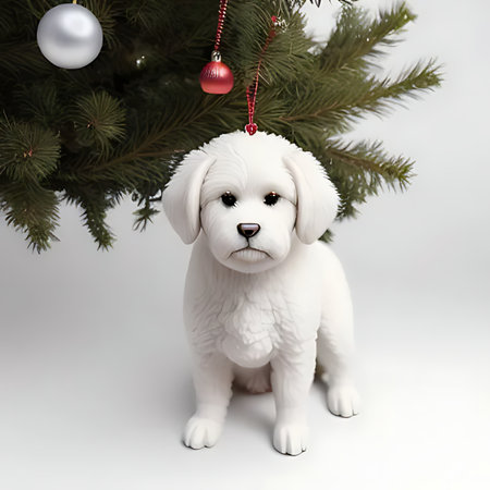 White puppy with christmas tree on white background. 3d renderingの素材
