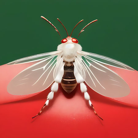 Close-up of a butterfly on a red and green background.の素材