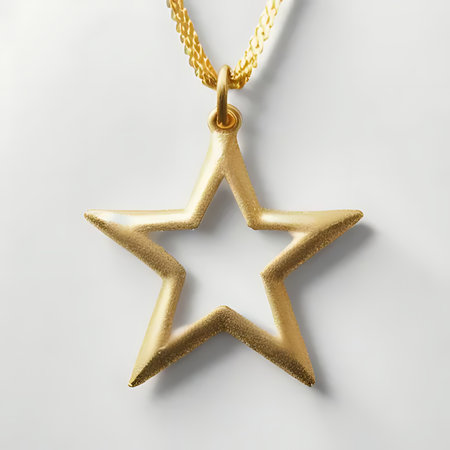 Golden star necklace on white background. Christmas and New Year concept.の素材