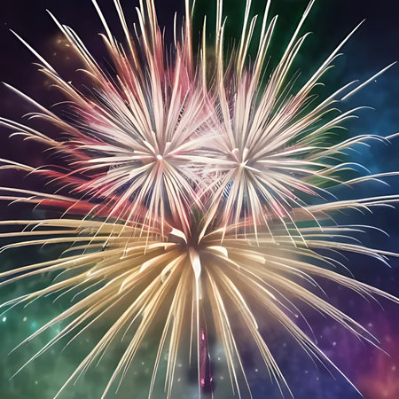 Colorful fireworks on night sky background. Celebration and holiday concept.の素材