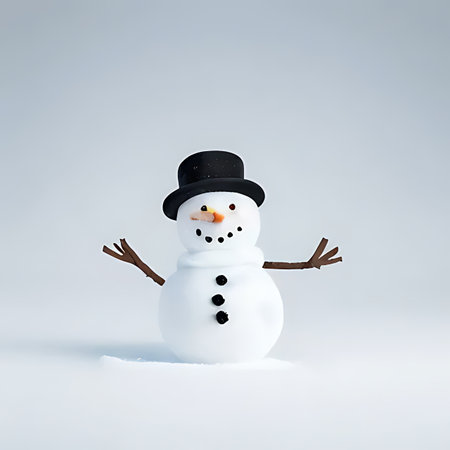 Snowman in a black hat and scarf on a white background.の素材