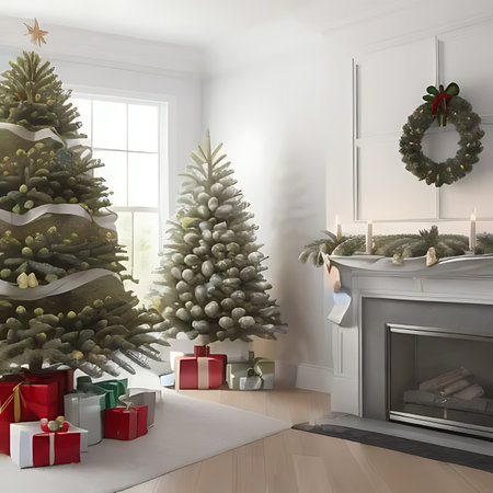Christmas tree with presents in the living room. 3D illustration.の素材