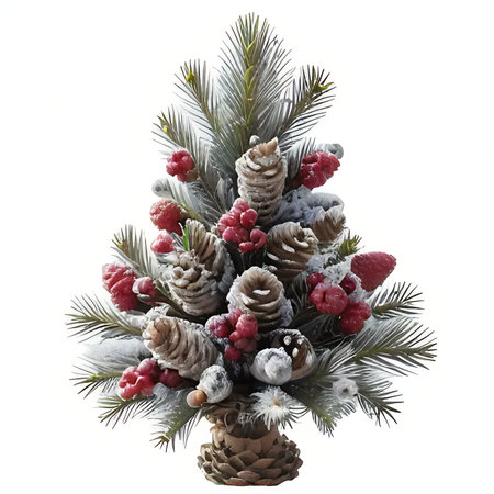 Christmas tree decorated with pine cones and berries, isolated on white backgroundの素材
