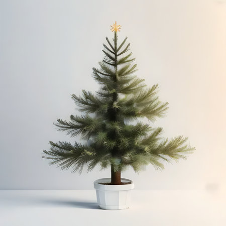 Christmas tree in a pot on a white background. 3d renderingの素材