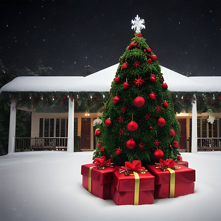 Christmas tree with gift boxes on porch at night. 3d renderingの素材