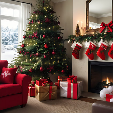 Christmas tree with presents and fireplace in the living room. 3d renderの素材