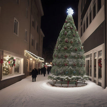 Christmas tree in the street at night with people walking in the snowの素材