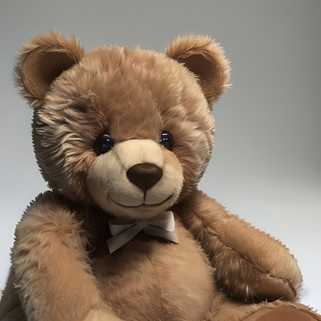 Teddy bear in a bow tie sitting on a gray background.の素材