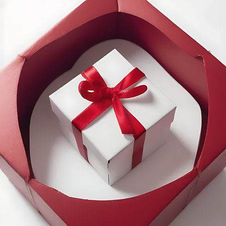 Gift box with red bow on white background. 3d renderingの素材