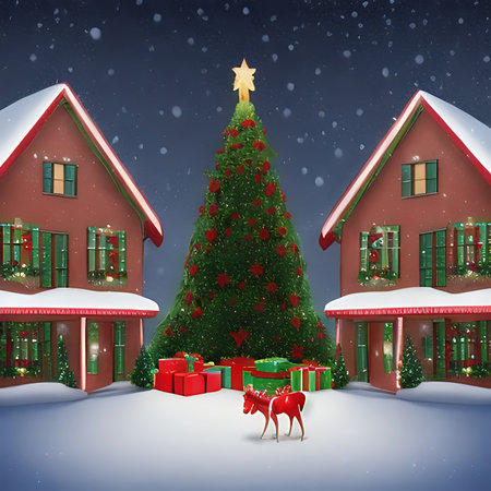 Christmas and New Year holiday background with christmas tree, presents and reindeerの素材