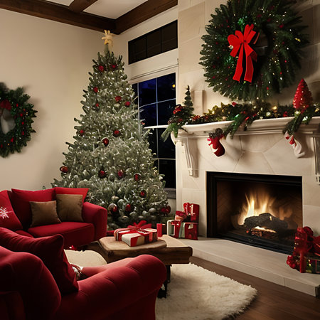 3d render of a beautiful living room with Christmas tree and fireplaceの素材