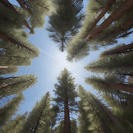 Pine trees and blue sky with sun. 3d illustration.の素材