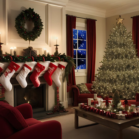 3d render of christmas tree with presents in the living roomの素材