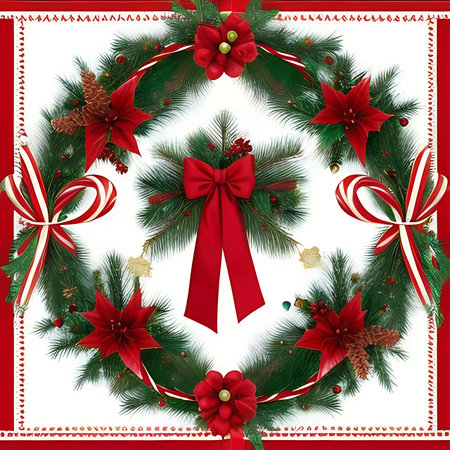 Christmas wreath with red poinsettia and ribbon isolated on white backgroundの素材