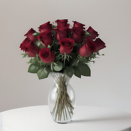 Red roses in a vase on a white table. 3d renderingの素材
