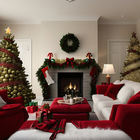 3d render of Christmas living room with fireplace and christmas treeの素材