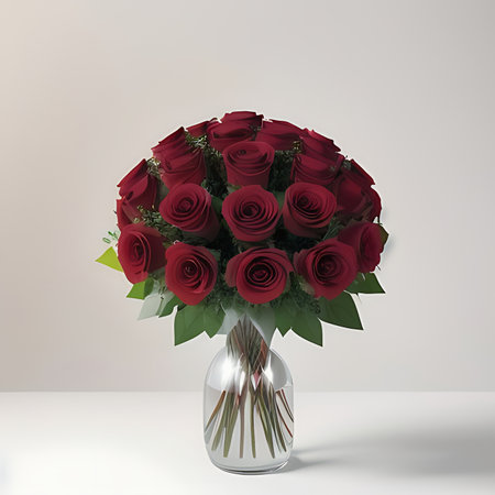 Bouquet of red roses in a glass vase on a white backgroundの素材