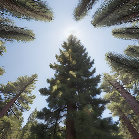 Pine tree in the forest with sun rays and lens flare.の素材