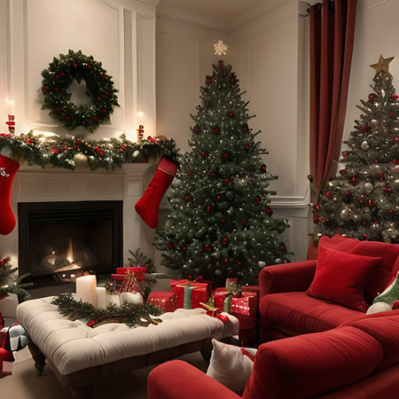 3d render of christmas living room interior with christmas treeの素材