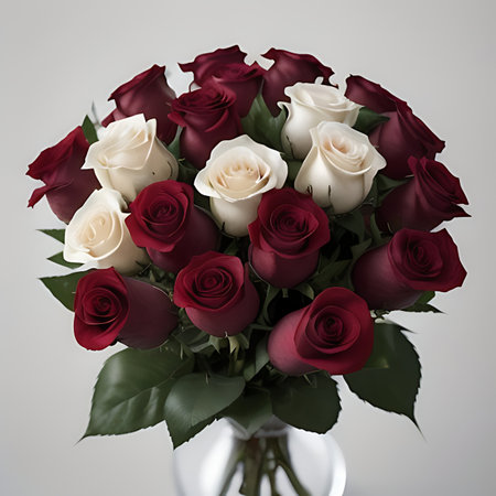 Red and white roses in a vase on a gray background.の素材