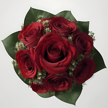 Bouquet of red roses with green leaves on a white backgroundの素材