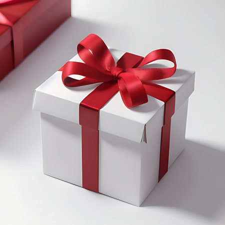 Gift box with red ribbon on white background. 3d renderの素材