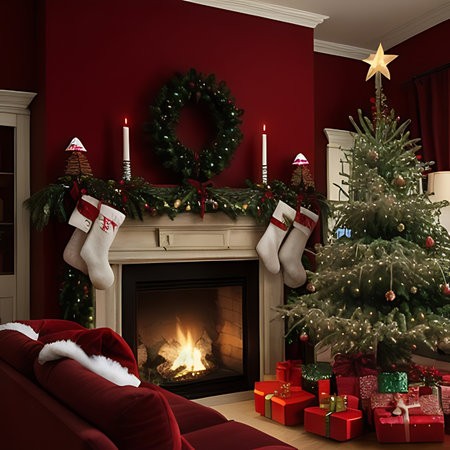3d render of Christmas interior with fireplace, christmas tree and presentsの素材