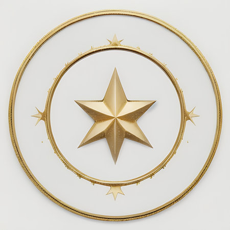 3d rendering of a golden star in a circle on a white backgroundの素材
