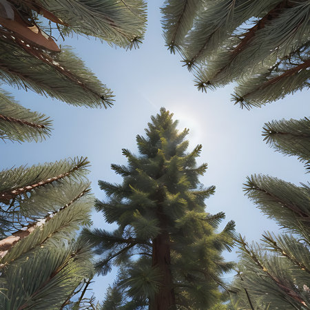 Pine trees against the blue sky and sun. Nature background.の素材