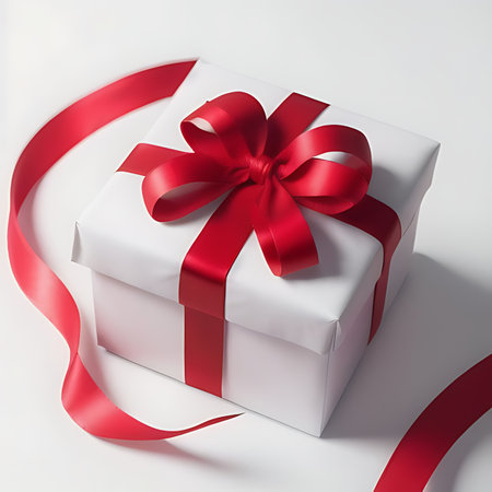 White gift box with red ribbon on white background. 3d renderingの素材