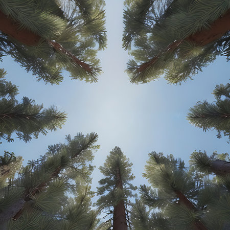 Pine tree and blue sky with lens flare. Abstract kaleidoscope background.の素材