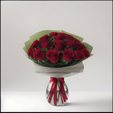 A bouquet of red roses in a vase on a white backgroundの素材