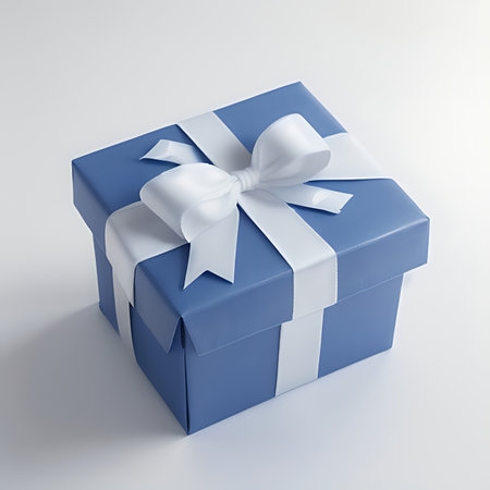 Blue gift box with white bow on white background. 3D renderingの素材