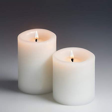 Two white candles isolated on grey background. 3d rendering. Close up.の素材