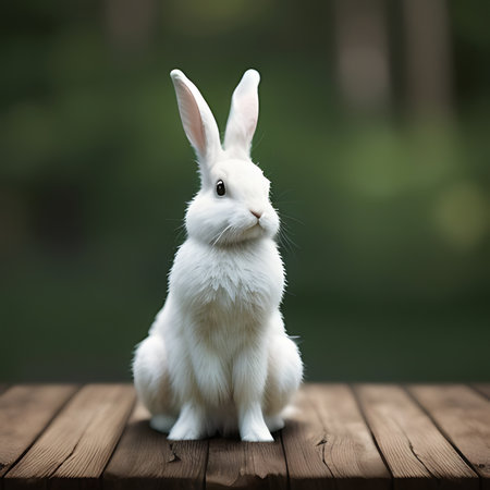 Cute white rabbit sitting on a wooden table. Easter background.の素材