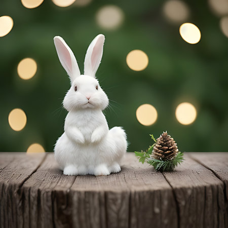 Cute white rabbit with christmas tree and bokeh backgroundの素材