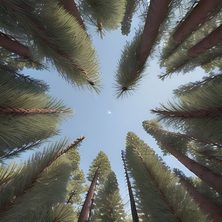 Pine trees and blue sky in the background. View from below.の素材