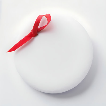 White ball with red ribbon isolated on white background. 3d illustrationの素材
