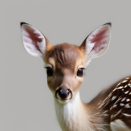 Close-up portrait of a cute baby deer isolated on gray backgroundの素材