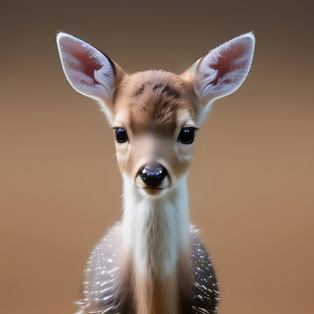 Portrait of a cute little deer with big eyes on brown backgroundの素材
