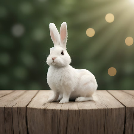 White rabbit sitting on a wooden table with bokeh background.の素材