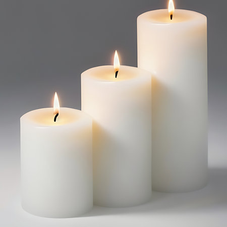 Three candles on a grey background. 3D rendering. Close-up.の素材