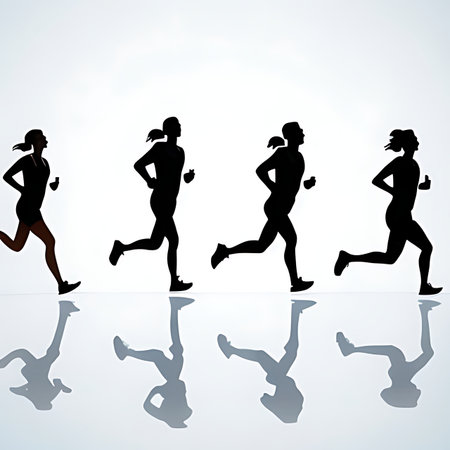 Vector illustration of a group of running people silhouettes on white backgroundの素材