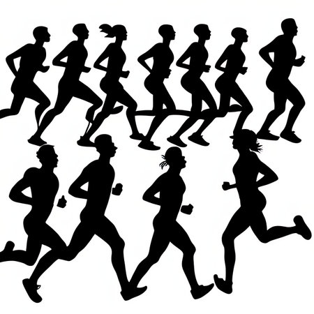 Vector image of a group of people running on a white background.の素材