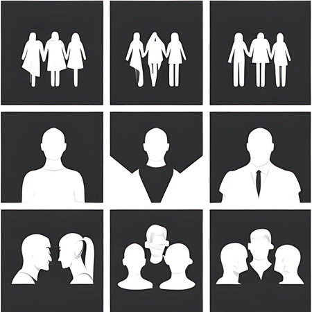 Set of silhouettes of men and women on a black background.の素材