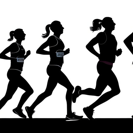 Vector illustration of a group of running people silhouettes on white backgroundの素材
